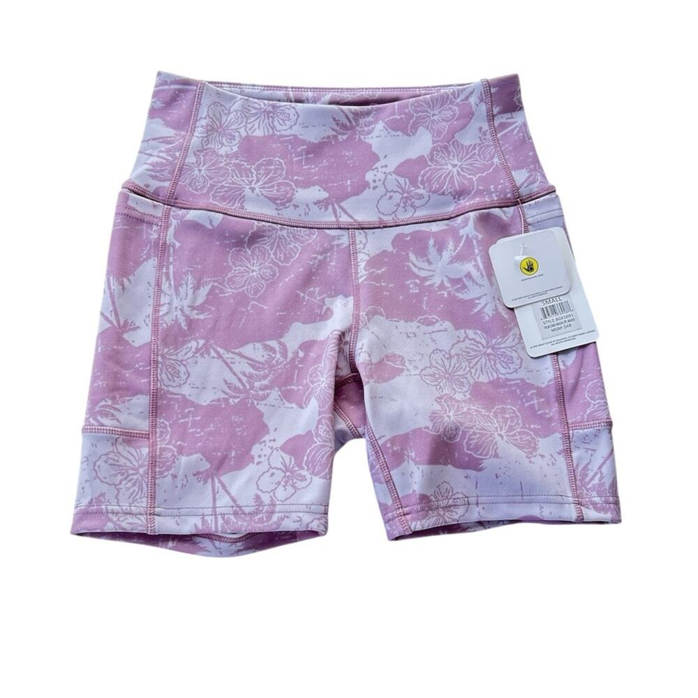 Body Glove Womens Biker Shorts S Pink Tropical Floral High Rise Media Pocket NWT